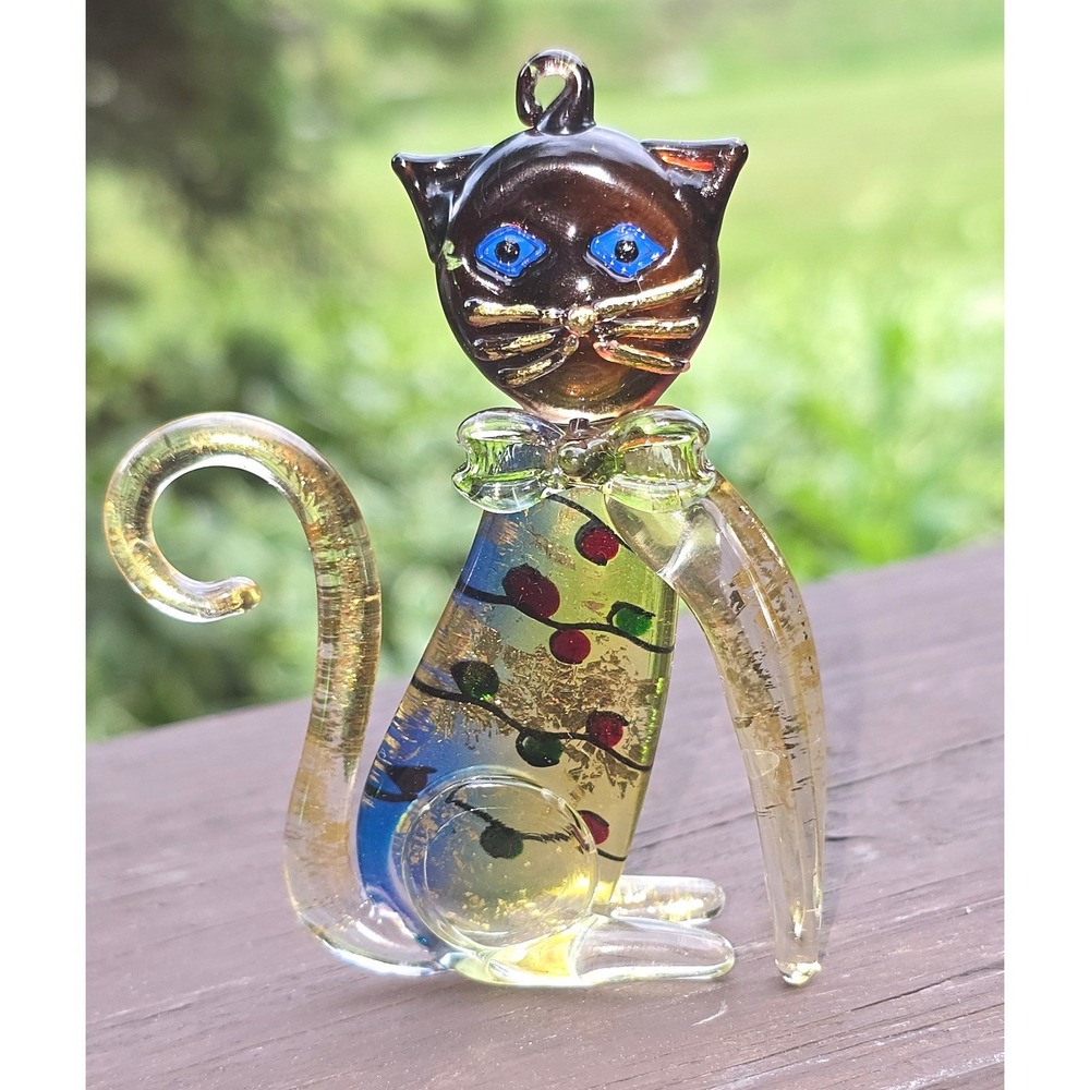 Vintage‎ Murano Style Art Glass Cat Suncatcher Ornament - Millefiori Gold Fleck